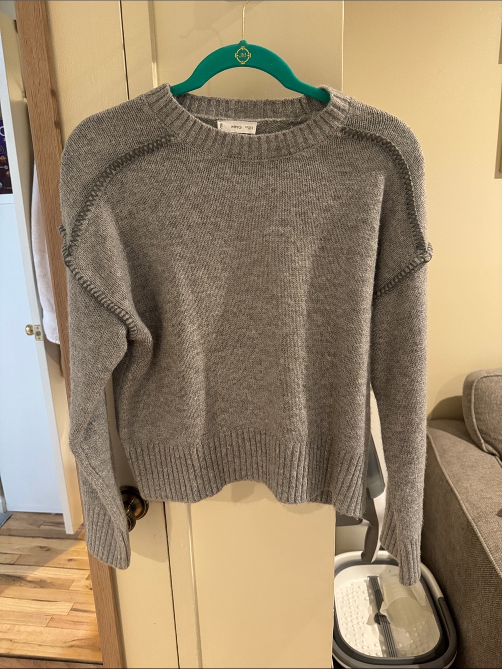Mango Light Gray Crewneck Knit Sweater with Seam Detail